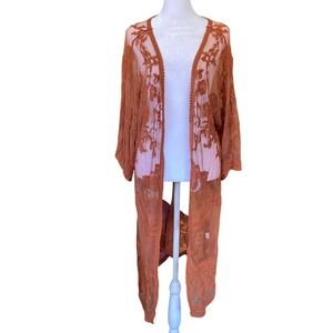 Lace Embroidered Sheer Mesh Orange Kimono Duster Large Festival Fairy Western
